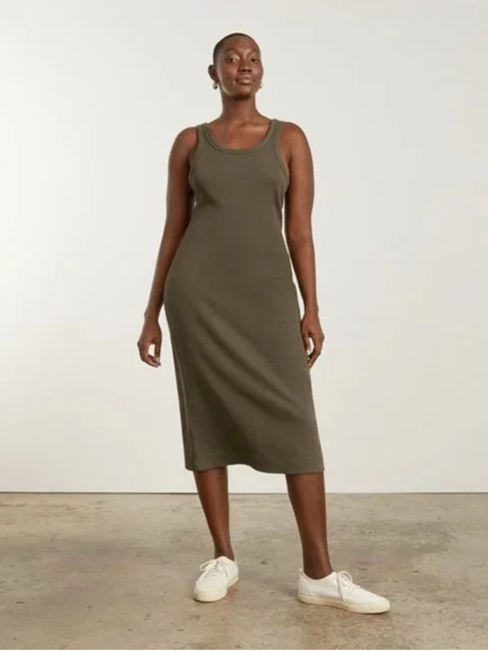 EVERLANE Cotton Ribbed Classic Olive Midi Dress